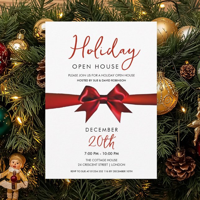 Invitación Casa Abierta Fiesta de Navidad con Lazo Rojo  (Christmas Holiday Open House Red Bow Invitation)