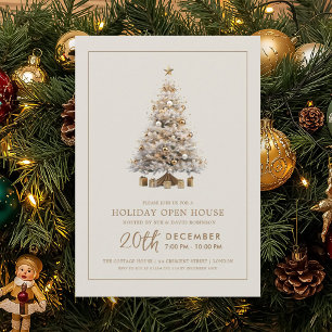 Invitación Casa Abierta Formal de Navidad con Árbol Dorado