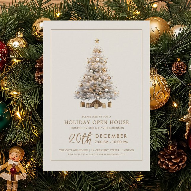 Invitación Casa Abierta Formal de Navidad con Árbol Dorado (Formal Christmas Holiday Open House Gold Tree Invitation)