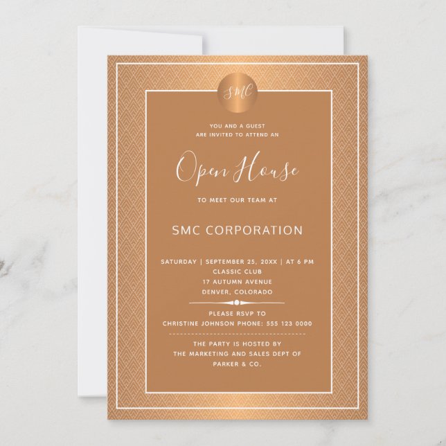 Invitación Casa Abierta Monogramada de Copper Metallic Corpor (Anverso)