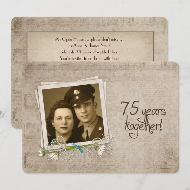 Invitación Casa abierta por 75 aniversario de bodas (Anverso / Reverso)