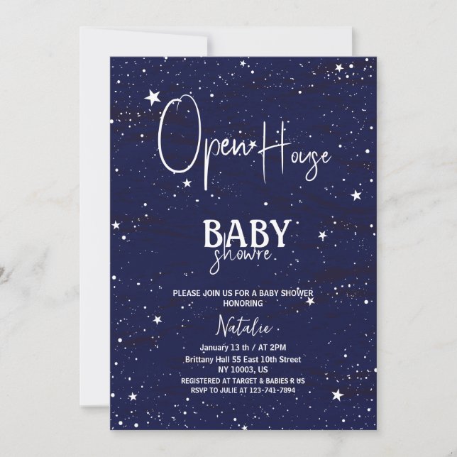 Invitación casa abierta simple estrellas azul marino ducha be (Anverso)
