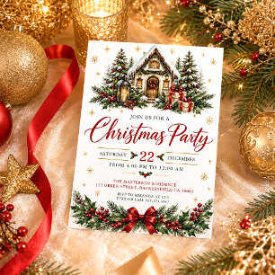 Invitación Casa Acogedora Árboles Nieve Bayas de Acebo Navida