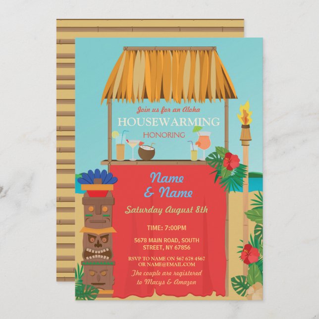 Invitación Casa Aloha calentando Tiki nueva casa invitado Lua (Anverso / Reverso)