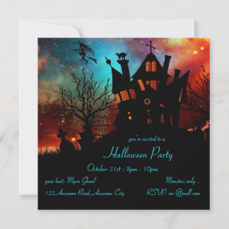 Invitación Casa atormentada cielo rojo y azul