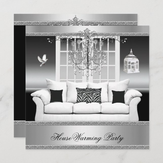 Invitación Casa Calentadora Fiesta Candelier Rich Silver Whit (Anverso / Reverso)