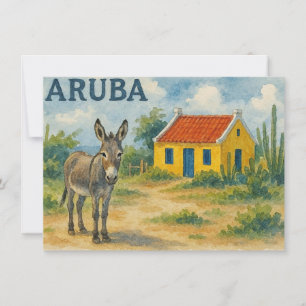 Invitación Casa cunucu amarilla de Aruba con burro acuarela