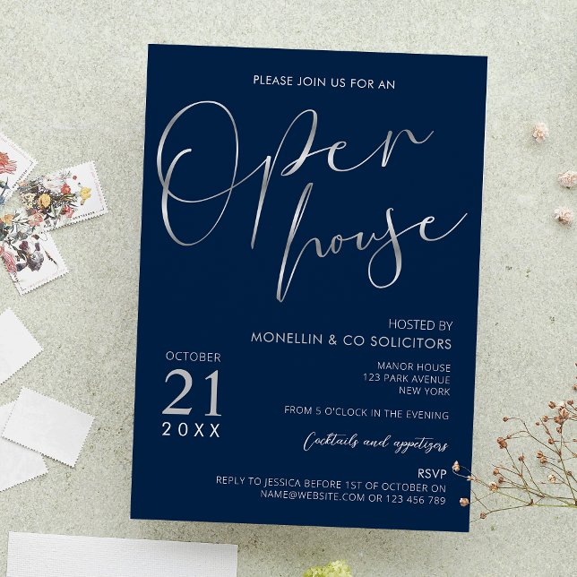 Invitación Casa de Apertura Navy Blue & Silver Elegant (Navy blue and faux silver company open house event invitations)