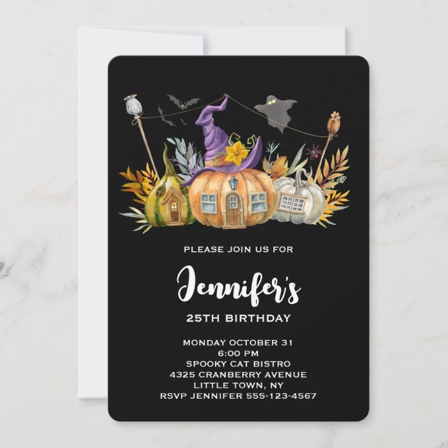Invitación Casa de calabaza con fantasma y cumpleaños de murc (Anverso)
