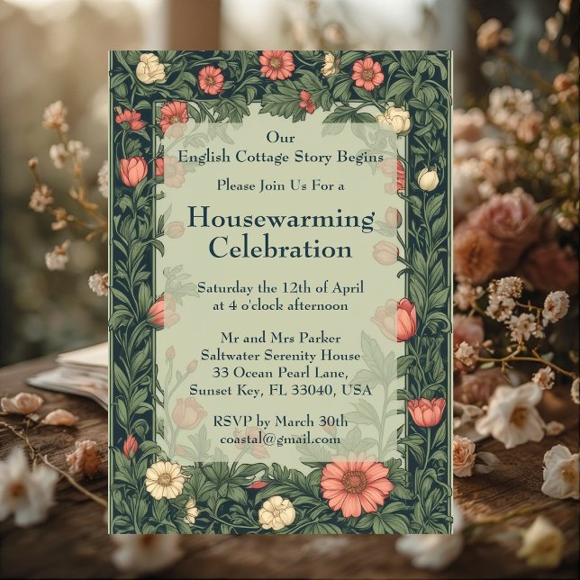 Invitación Casa de Campo Inglesa Estilo William Morris para C (English Cottage William Morris Styled Housewarming Invitation)
