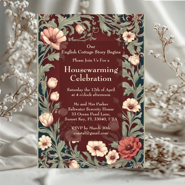 Invitación Casa de Campo Inglesa William Morris Granate Fiest (English Cottage William Morris Styled Housewarming Invitation)
