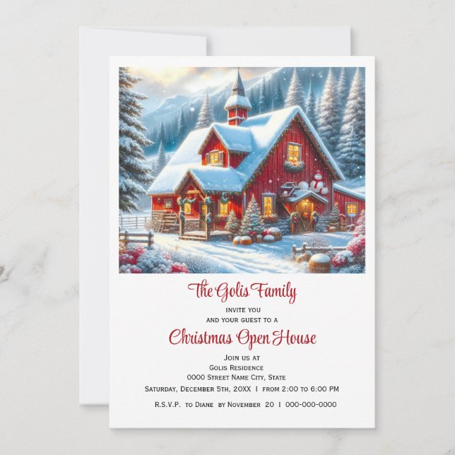 Invitación Casa de campo roja Casa abierta de Navidad  (Anverso)