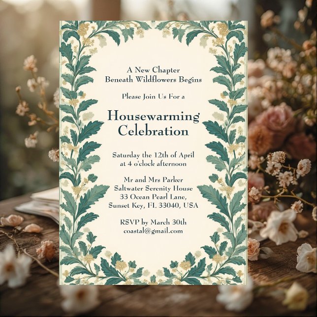 Invitación Casa de Campo Rústica William Morris Calentamiento (Rustic Cottagecore William Morris Art Housewarming Invitation)