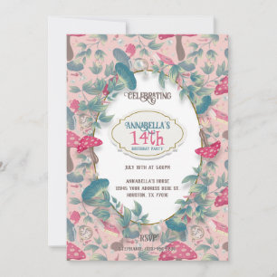 Invitación Casa de campo vintage rosa cumpleaños hongo
