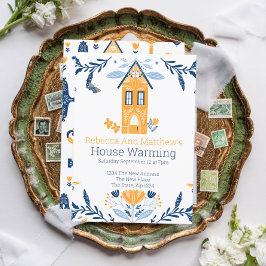 Invitación Casa de color amarillo azul y flores en la casa