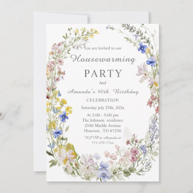 Invitación Casa de Flores Silvestres Boho de Estreno y Cumple (Anverso)