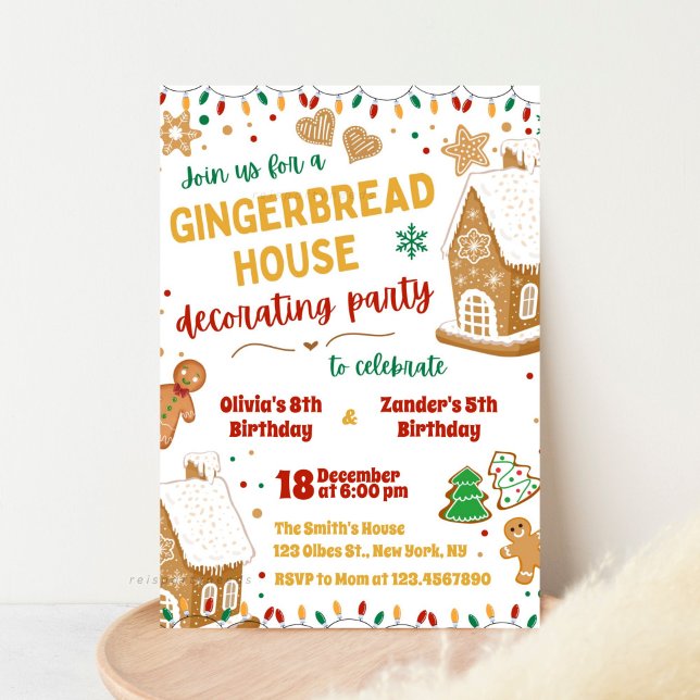 Invitación Casa de Gingerbread Cumpleaños Doble ( Gingerbread House, Birthday Party Invitation, Christmas Cookie, Decorating Party Invite, Gingerbrea)