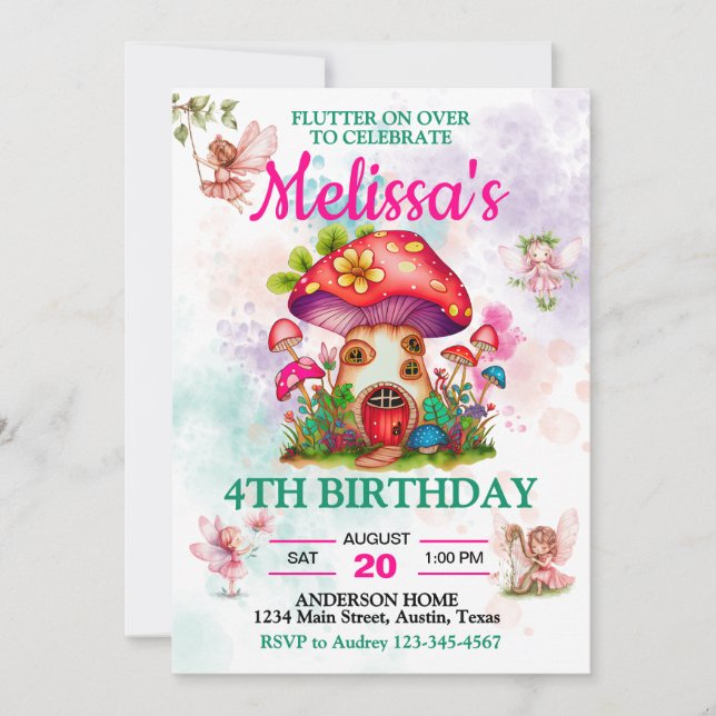Invitación Casa de hongos y hadas voladoras (Anverso)