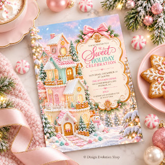 Invitación Casa de Jengibre Rosa Dulce Celebración de Vacacio