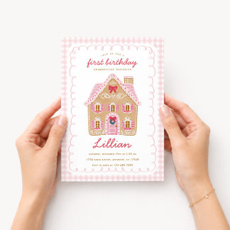 Invitación Casa de Jengibre Rosa Preppy Navidad Cumpleaños
