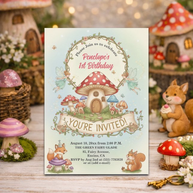 Invitación Casa de las hadas con hongos para cumpleaños 1 (Subido por el creador)