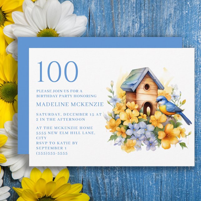 Invitación Casa de pájaros azul flores amarillas 100 cumpleañ (Yellow and blue flowers, blue bird and birdhouse 100th birthday party invitation)