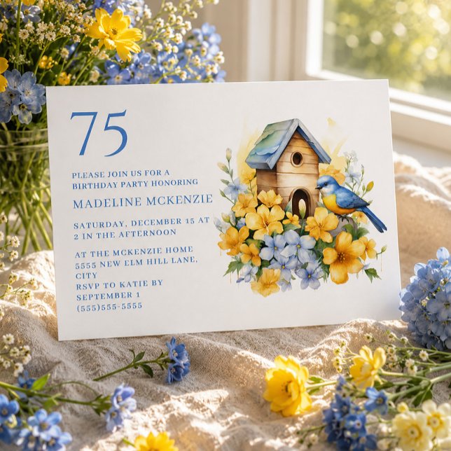 Invitación Casa de pájaros Azul Flores Amarillas Cumpleaños 7 (Blue and yellow floral bird and birdhouse 75th birthday invitation)