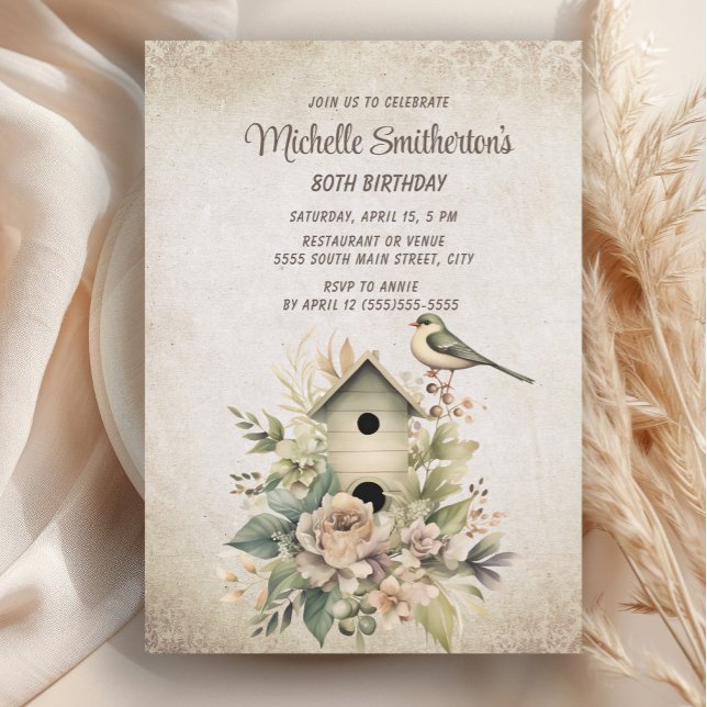 Invitación Casa de pájaros Botánica Naturaleza 80 cumpleaños  (Rustic, vintage birdhouse women's 80th birthday party invitation)