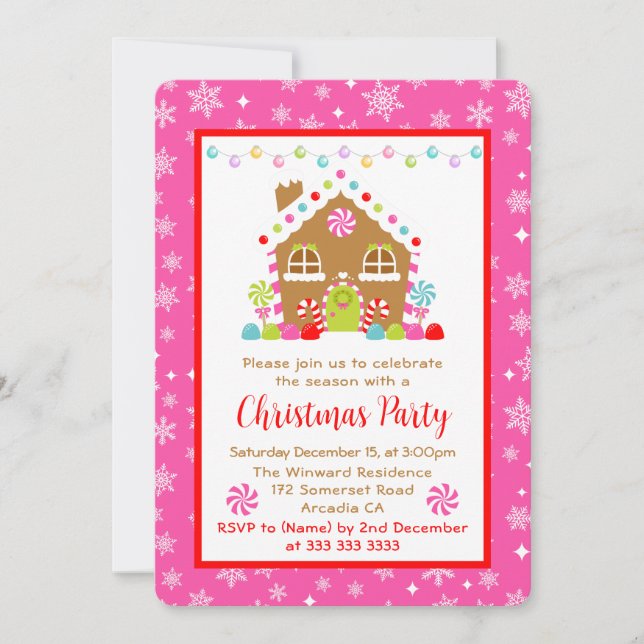 Invitación Casa de Pan de Jengibre de Navidad y Luces (Anverso)