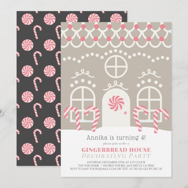 Invitación Casa de pan de jengibre decorando fiesta de cumple (Anverso / Reverso)