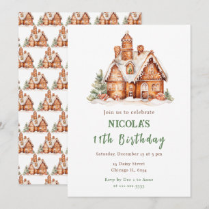 Invitación Casa de pan de jengibre decorando fiesta de cumple