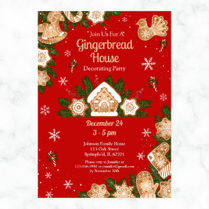 Invitación Casa de pan de jengibre decorando Fiesta rojo y ve