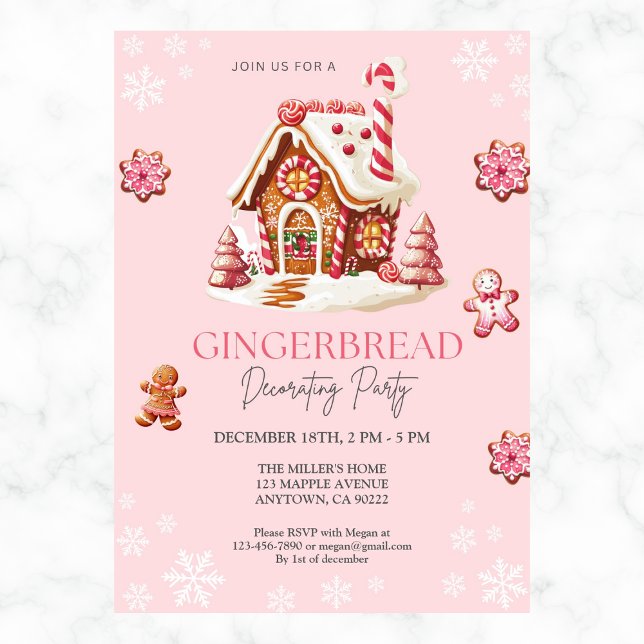 Invitación Casa de pan de jengibre decorando Fiesta rosa (Subido por el creador)