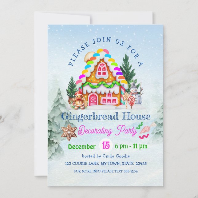 Invitación Casa de pan de jengibre decorando Fiesta vacacione (Anverso)