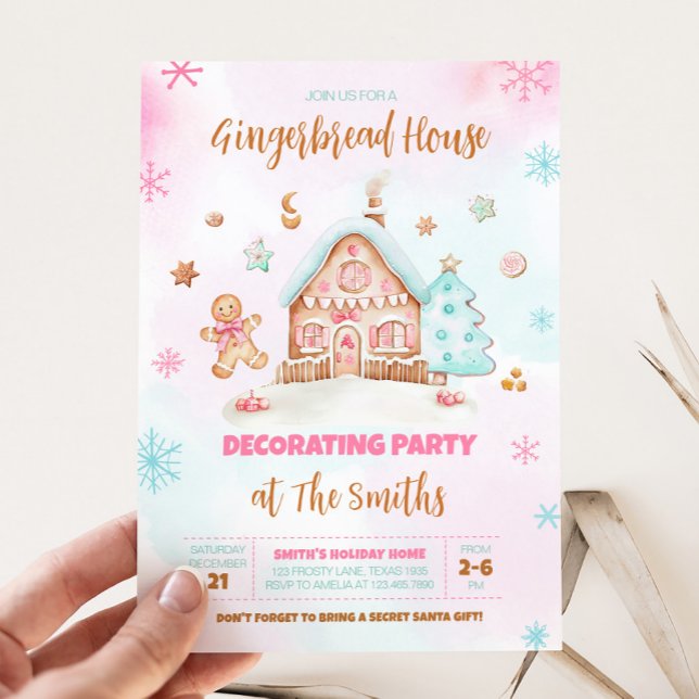 Invitación Casa de pan de jengibre Navidades rosados decorand (Gingerbread House Christmas Decorating Party Invitation)