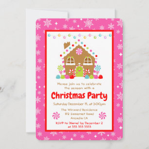 Invitación Casa de Pan de Jengibre Rosa Fiesta de Navidad