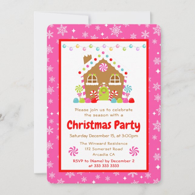 Invitación Casa de Pan de Jengibre Rosa Fiesta de Navidad (Anverso)