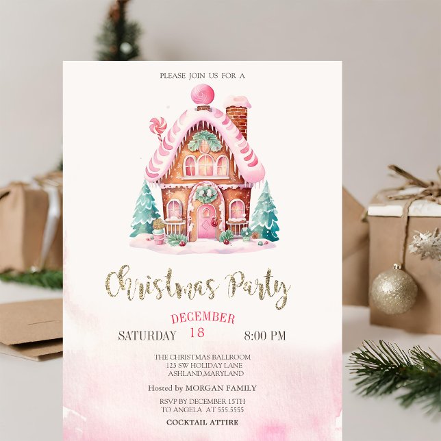 Invitación Casa de Pan de Jengibre Rosa Navidad (Subido por el creador)