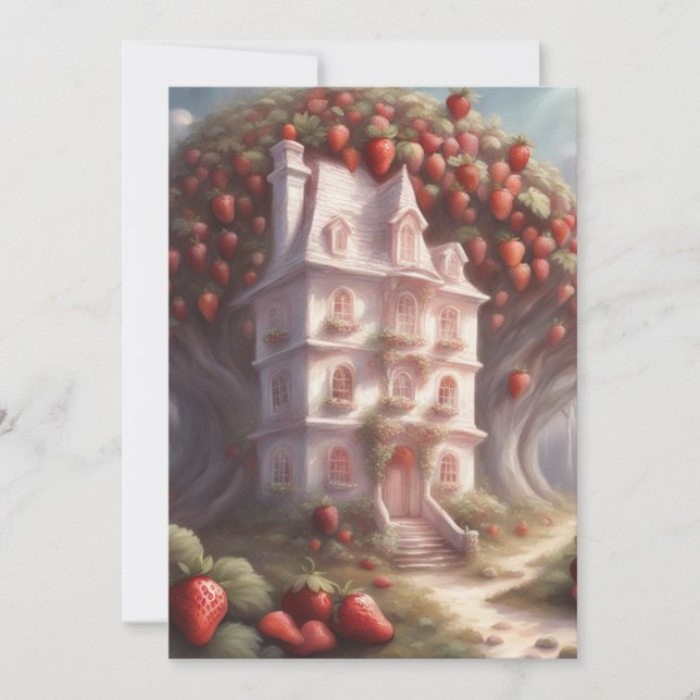 Invitación casa de pastel de fresa y fiesta (Anverso)