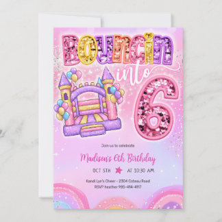 Invitación Casa de Rebote Arcoíris Pastel Cumpleaños 6