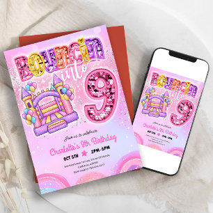 Invitación Casa de Rebote Arcoíris Rosa Pastel Cumpleaños 9