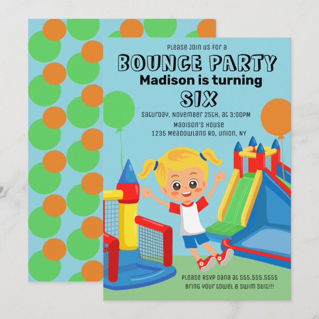 Invitación Casa de Rebote de Cumpleaños Saltando Rebotando Fi (Anverso / Reverso)