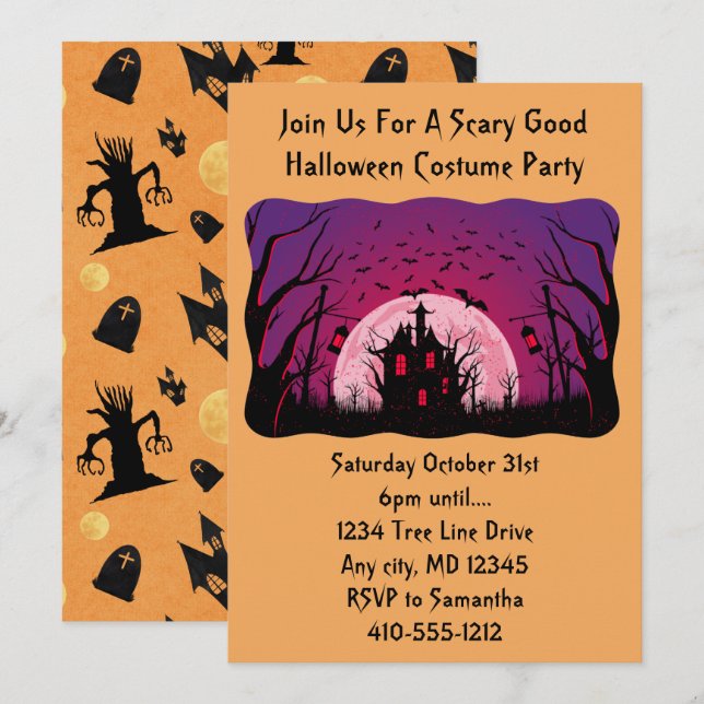 Invitación Casa de terror negra y naranja fiesta de Halloween (Anverso / Reverso)