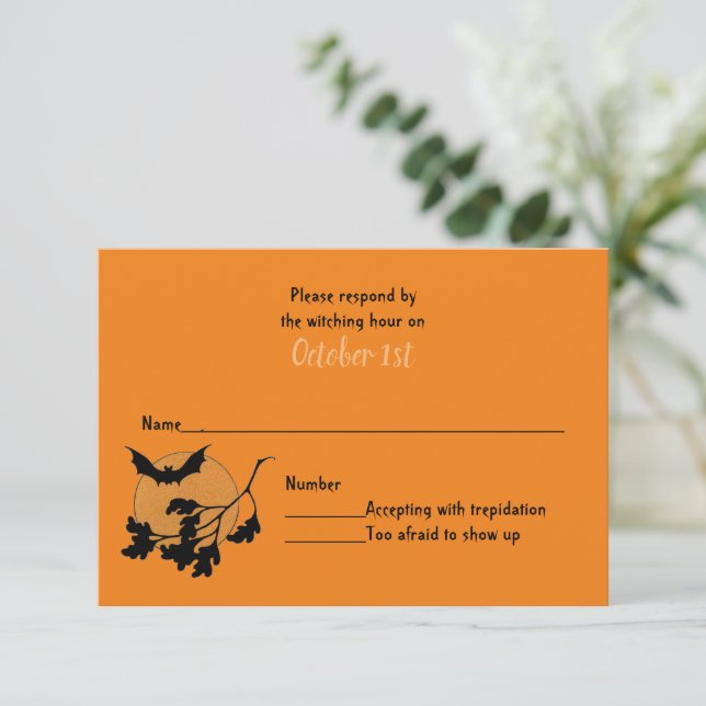 Invitación Casa de Truco o Trato Boda de Halloween RSVP (Anverso de pie)