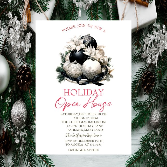 Invitación Casa de vacaciones de bolas de Navidad negro (Subido por el creador)