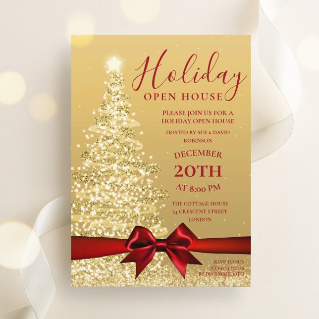 Invitación Casa de vacaciones de Navidades de árboles de navi (Gold Xmas Tree Christmas Holiday Open House Invitation)
