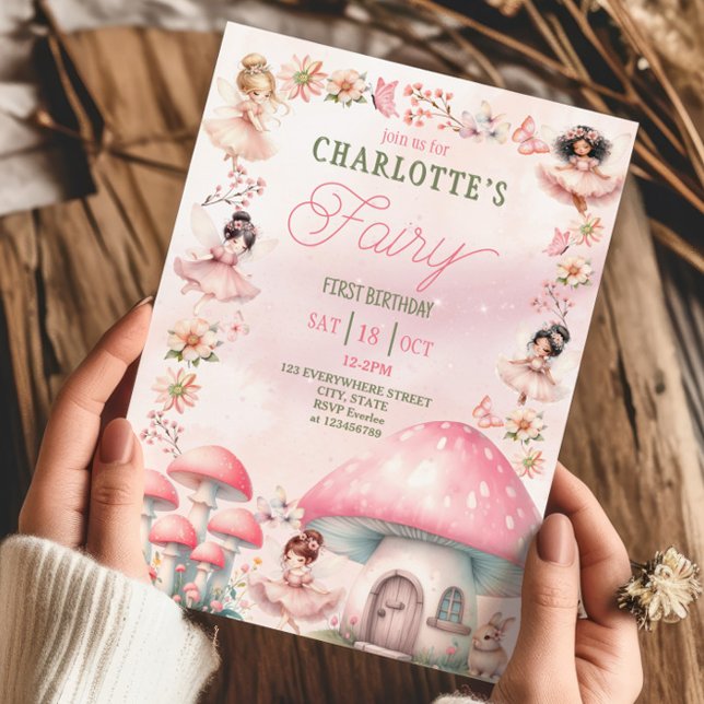 Invitación Casa del hongo rosa cumpleaños hada primero (Subido por el creador)