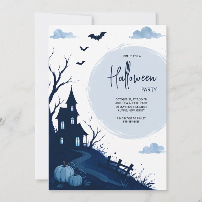 Invitación Casa Embrujada Azul Fiesta de Halloween (Anverso)