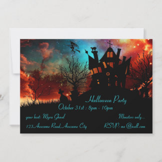 Invitación Casa Embrujada Cielo Rojo y Azul