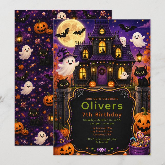 Invitación Casa Embrujada Cumpleaños Halloween (Anverso / Reverso)